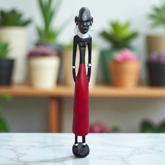 African Wood Statuette Art Figurine Tribal Hand Carved Tall Skinny Metal Jewelry - Picture 1 of 7